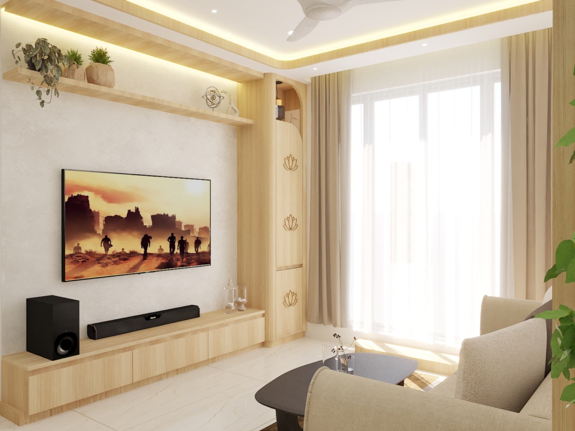 Living room — layered seating, ceiling, and lighting.