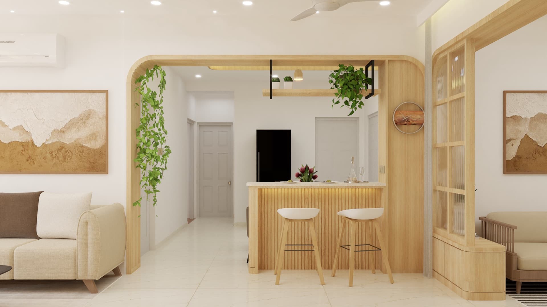 Dining area with feature wall and dining table.