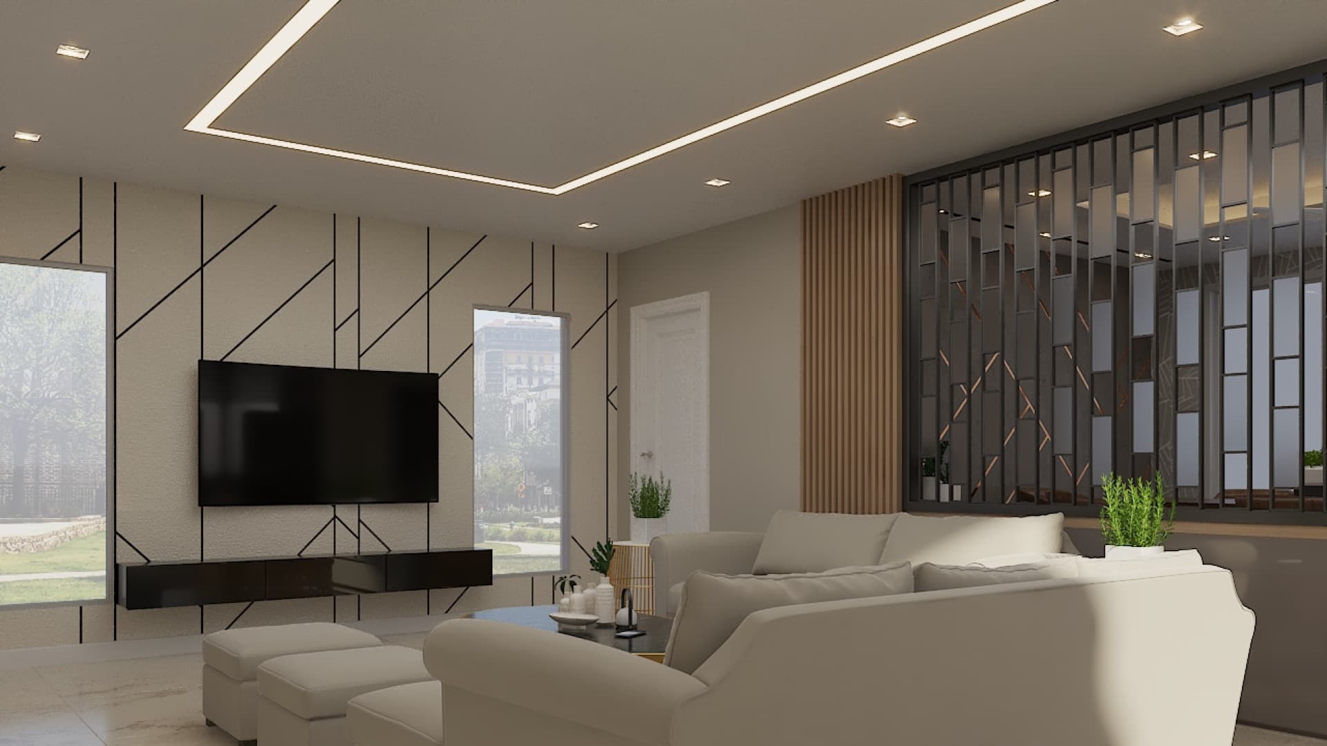 Aadhya — living room with warm timber and layered seating.