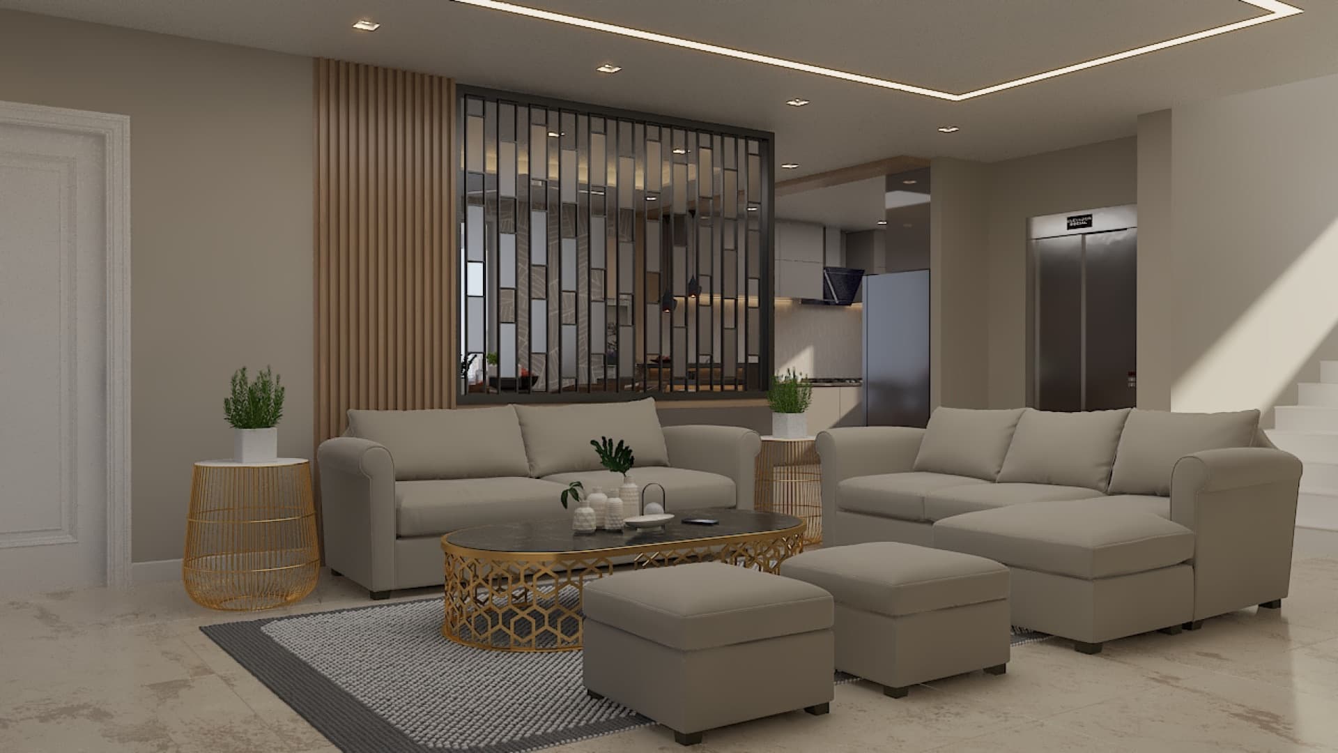 Aadhya — living room in warm modern register.